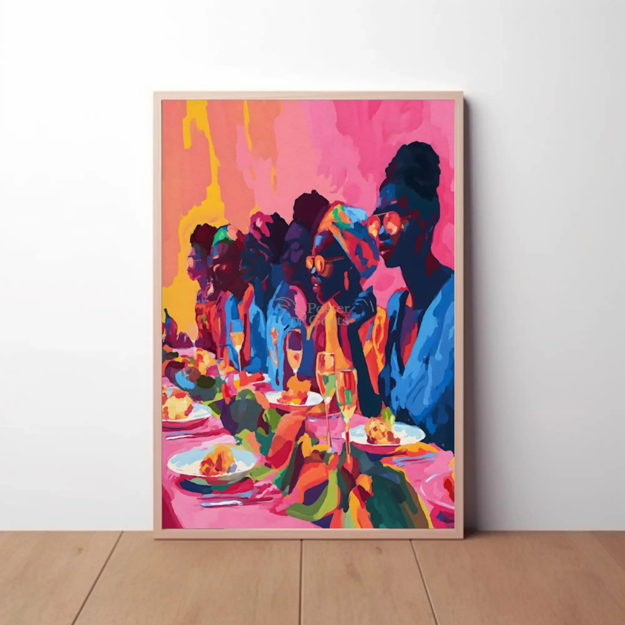 Joyful Celebration Dining Scene Abstract Artistic Poster PosterGoat