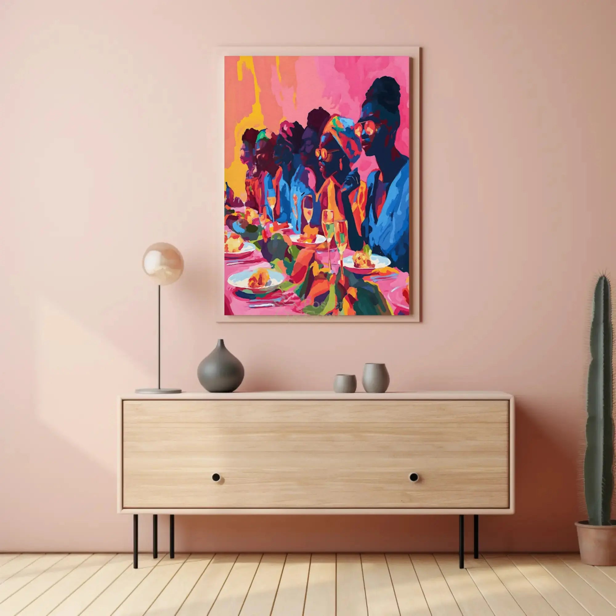 Joyful Celebration Dining Scene Abstract Artistic Poster PosterGoat
