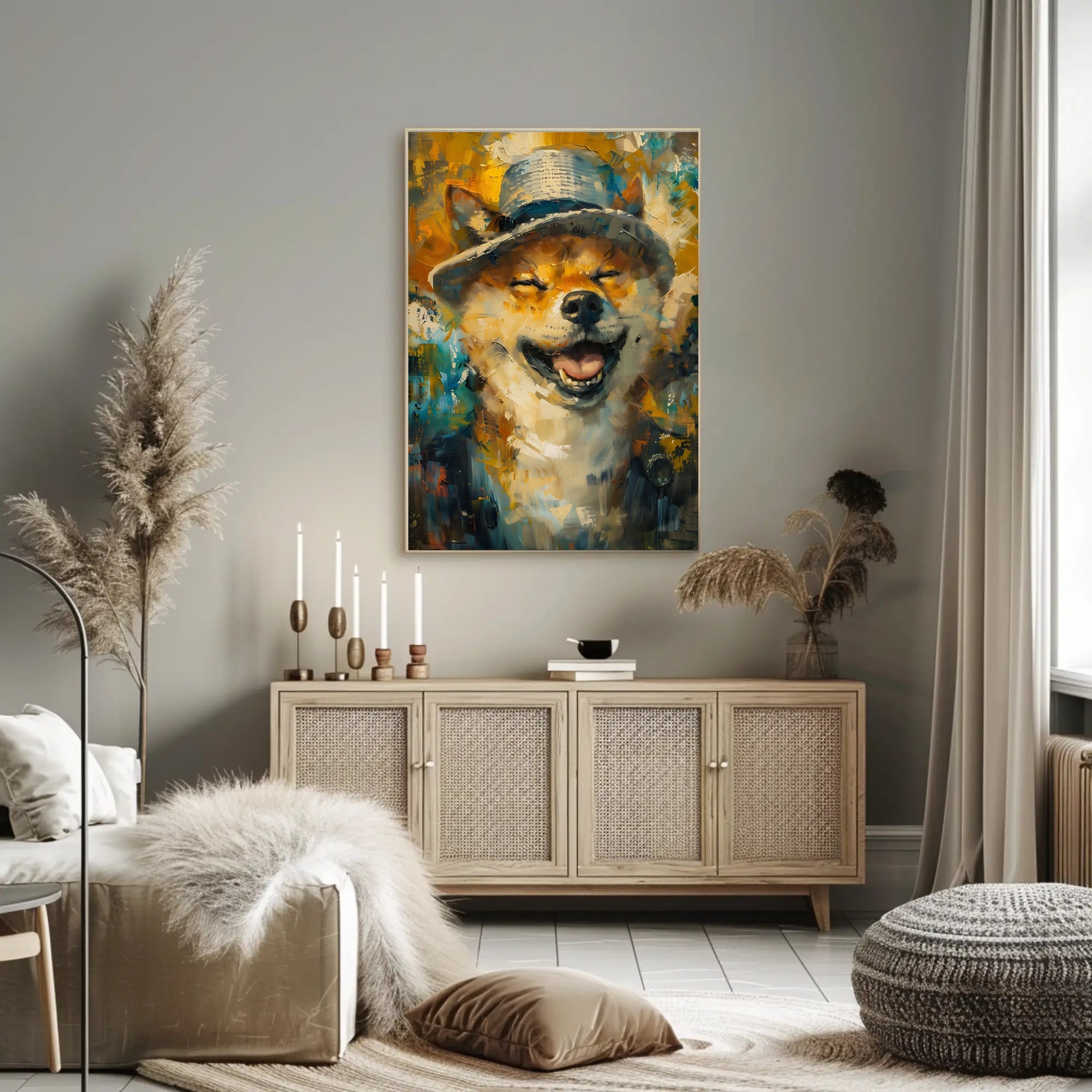 Joyful Dog in Hat Abstract Artistic Poster PosterGoat
