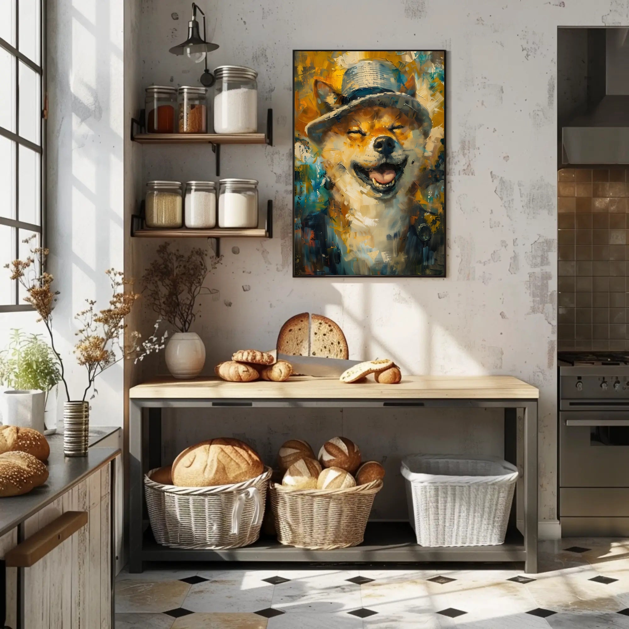 Joyful Dog in Hat Abstract Artistic Poster PosterGoat