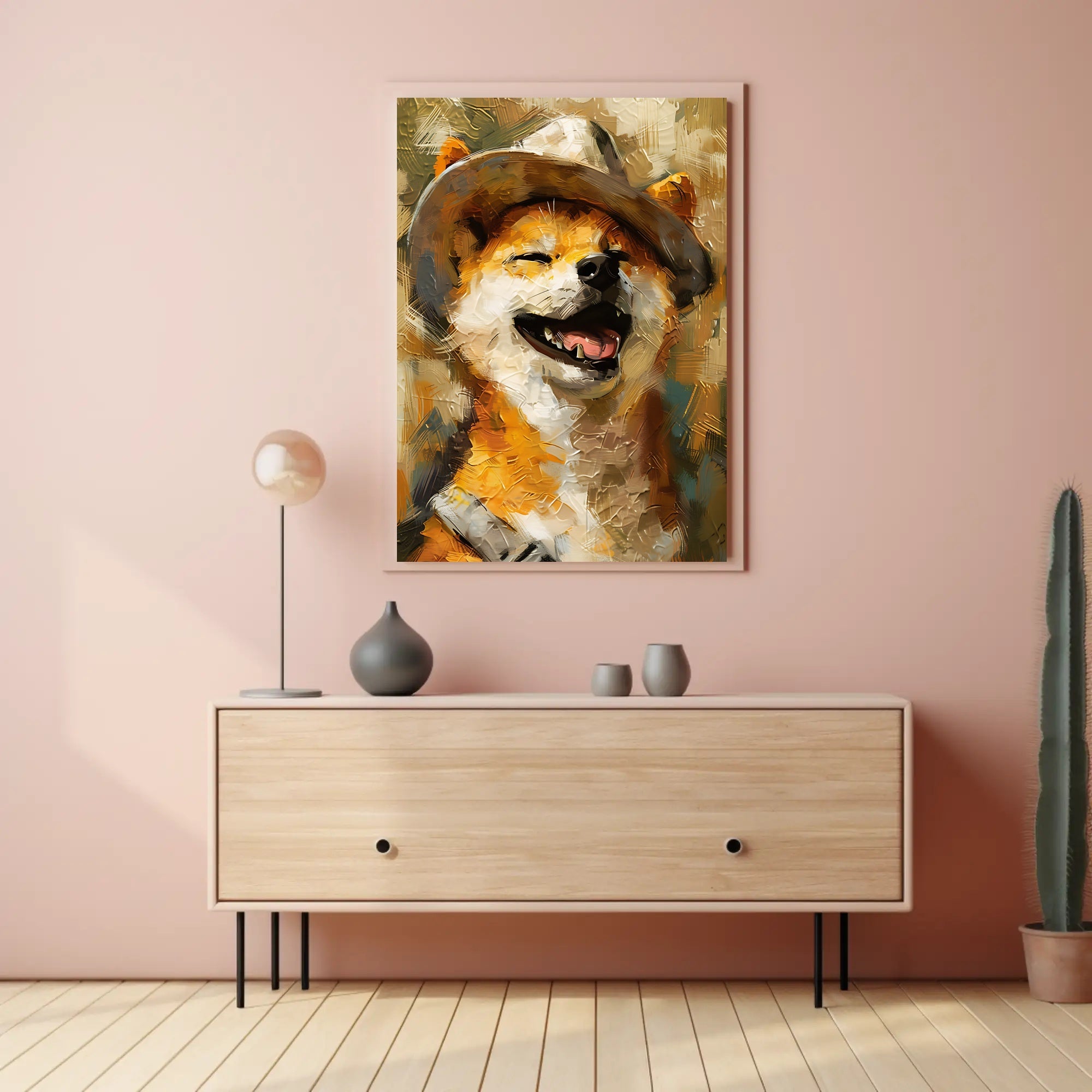 Joyful Dog in Hat Artistic Poster PosterGoat