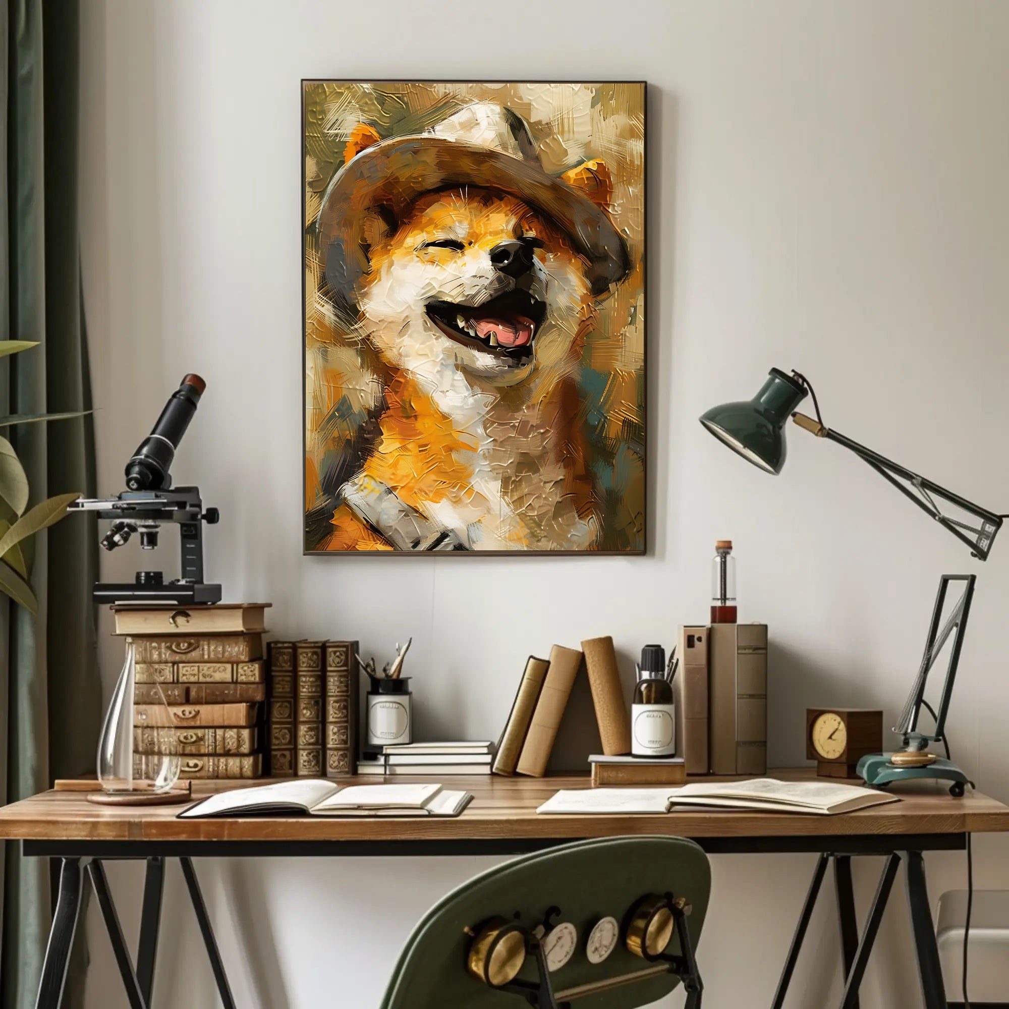 Joyful Dog in Hat Artistic Poster PosterGoat