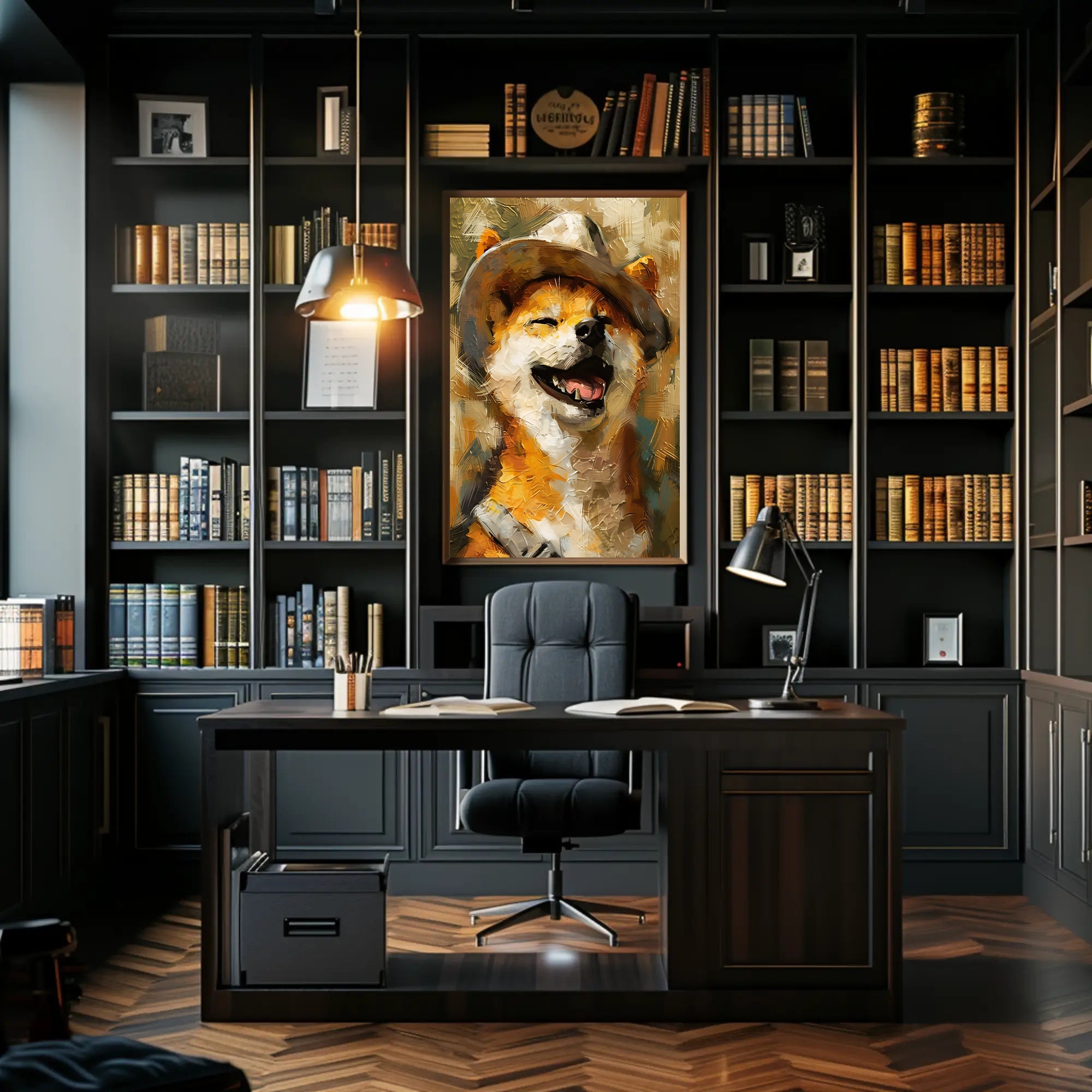 Joyful Dog in Hat Artistic Poster PosterGoat