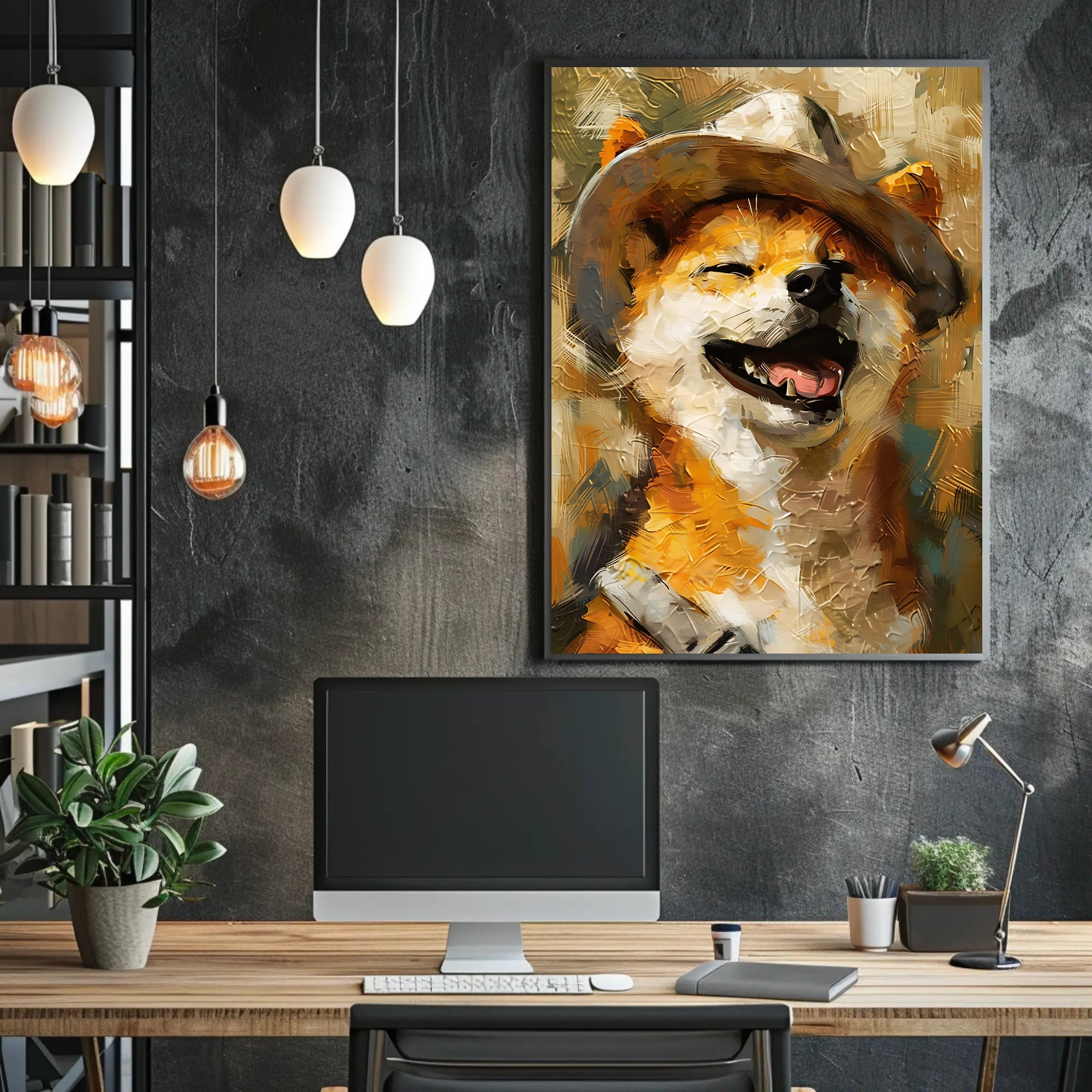Joyful Dog in Hat Artistic Poster PosterGoat