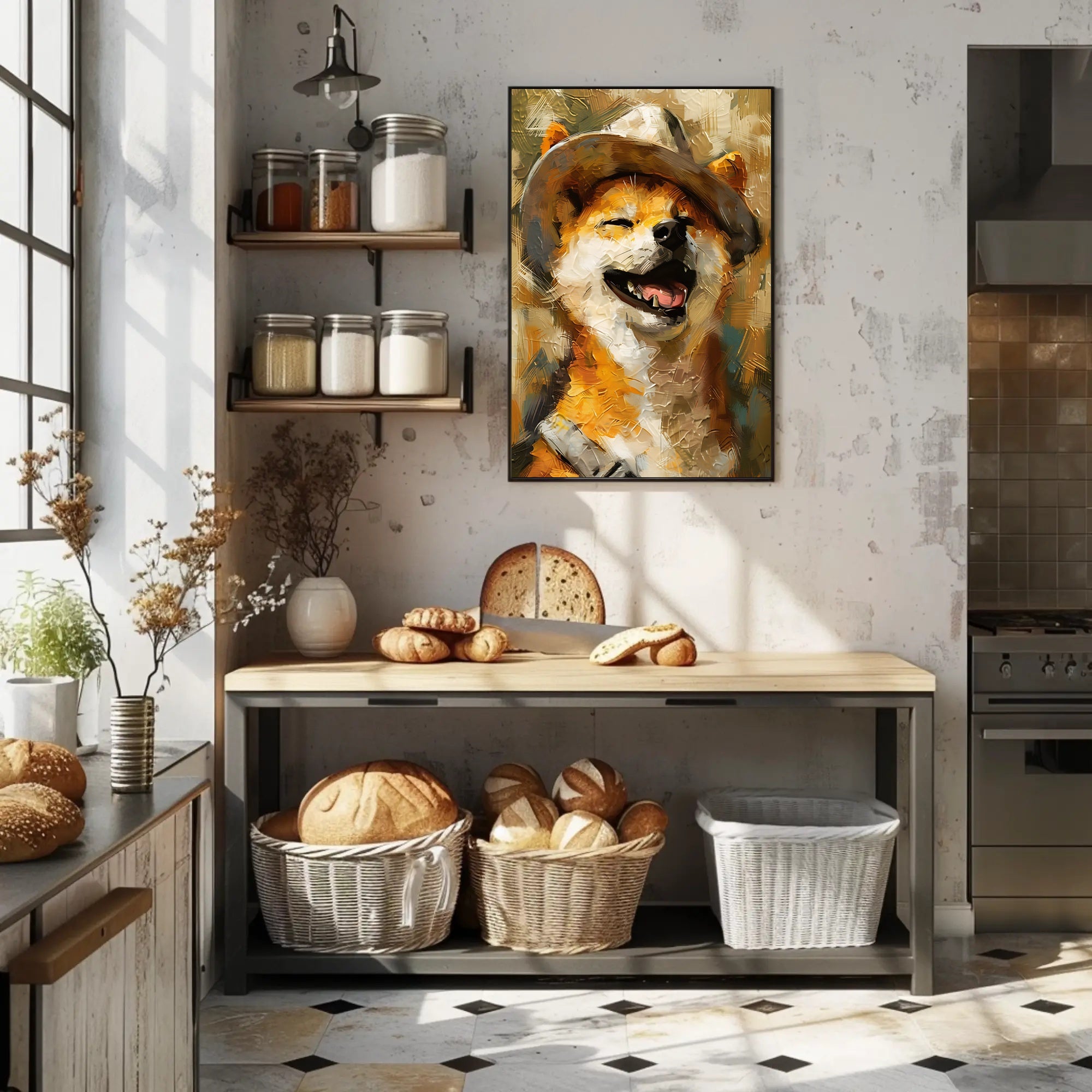 Joyful Dog in Hat Artistic Poster PosterGoat