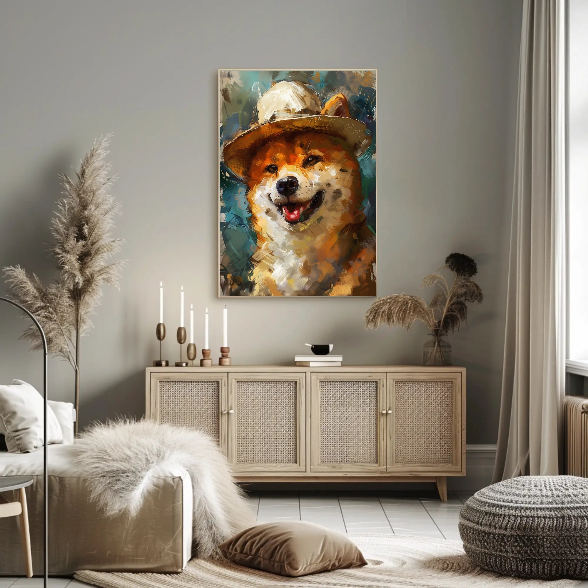 Joyful Shiba Inu in Stylish Hat Animal Poster PosterGoat