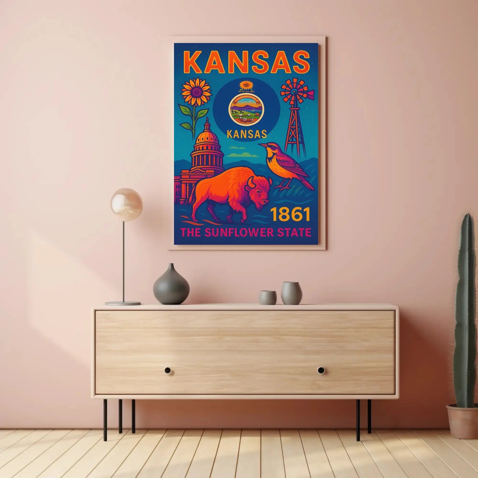 Kansas Heritage Celebration: Vibrant Symbols Cultural Poster PosterGoat