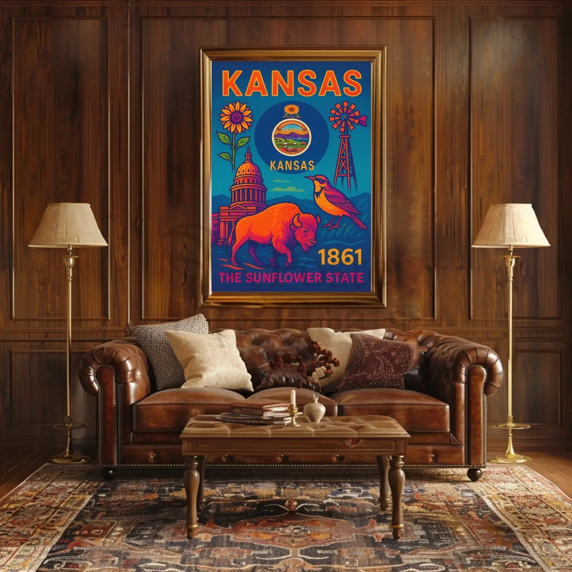 Kansas Heritage Celebration: Vibrant Symbols Cultural Poster PosterGoat