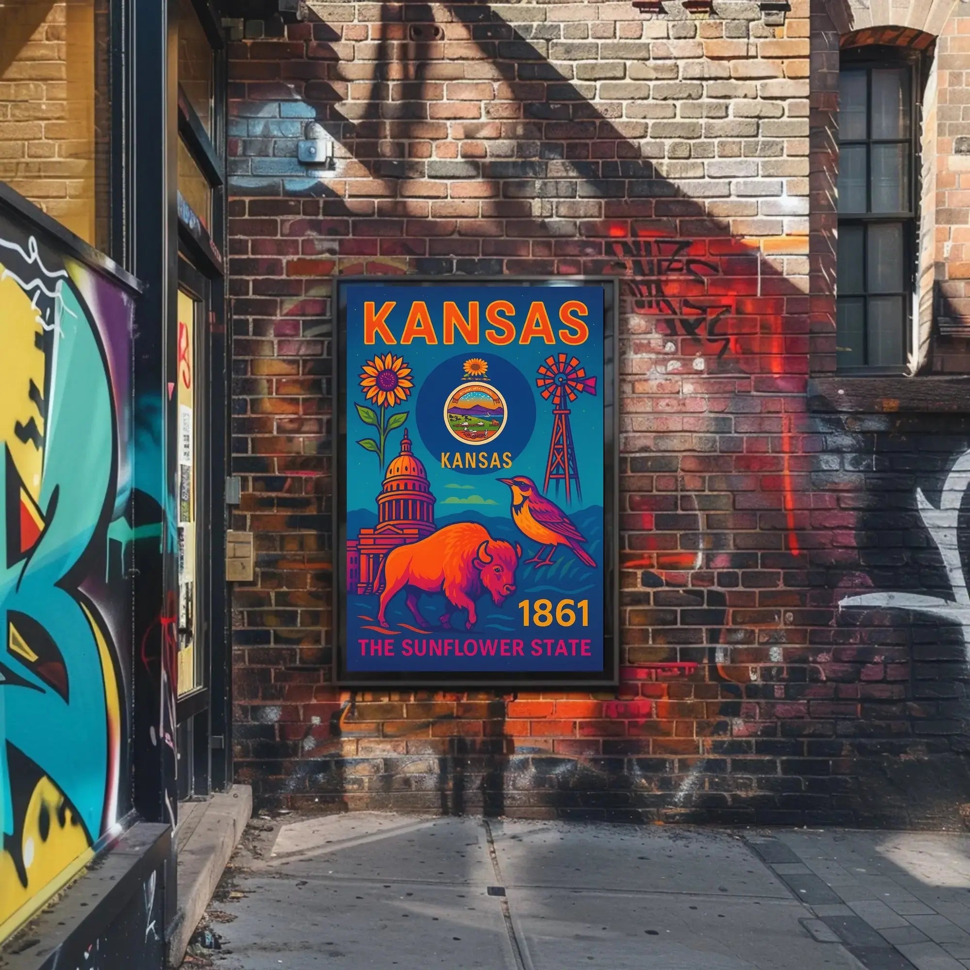 Kansas Heritage Celebration: Vibrant Symbols Cultural Poster PosterGoat