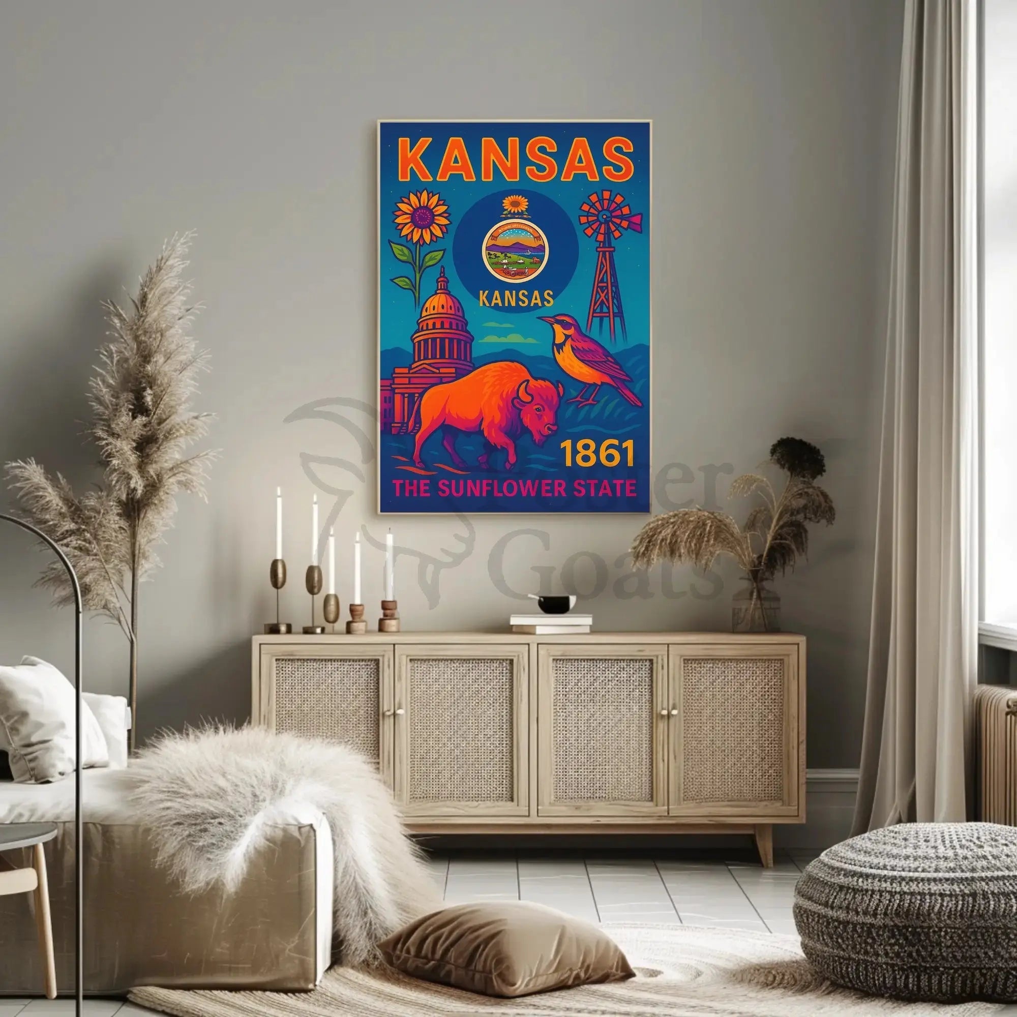 Kansas Heritage Celebration: Vibrant Symbols Cultural Poster PosterGoat
