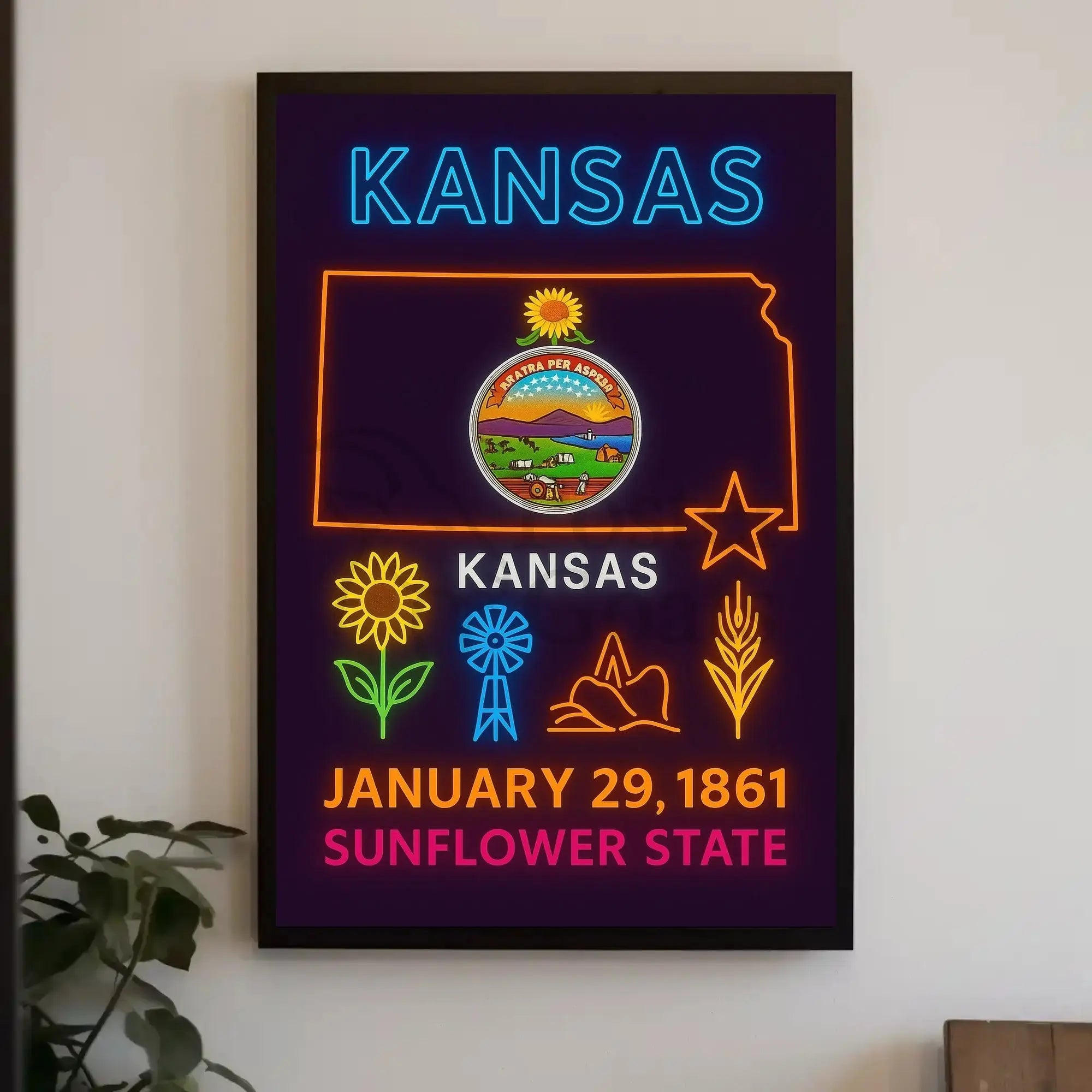 Kansas Sunflower State Celebration Neon Art Heritage Poster PosterGoat
