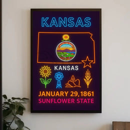 Kansas Sunflower State Celebration Neon Art Heritage Poster PosterGoat