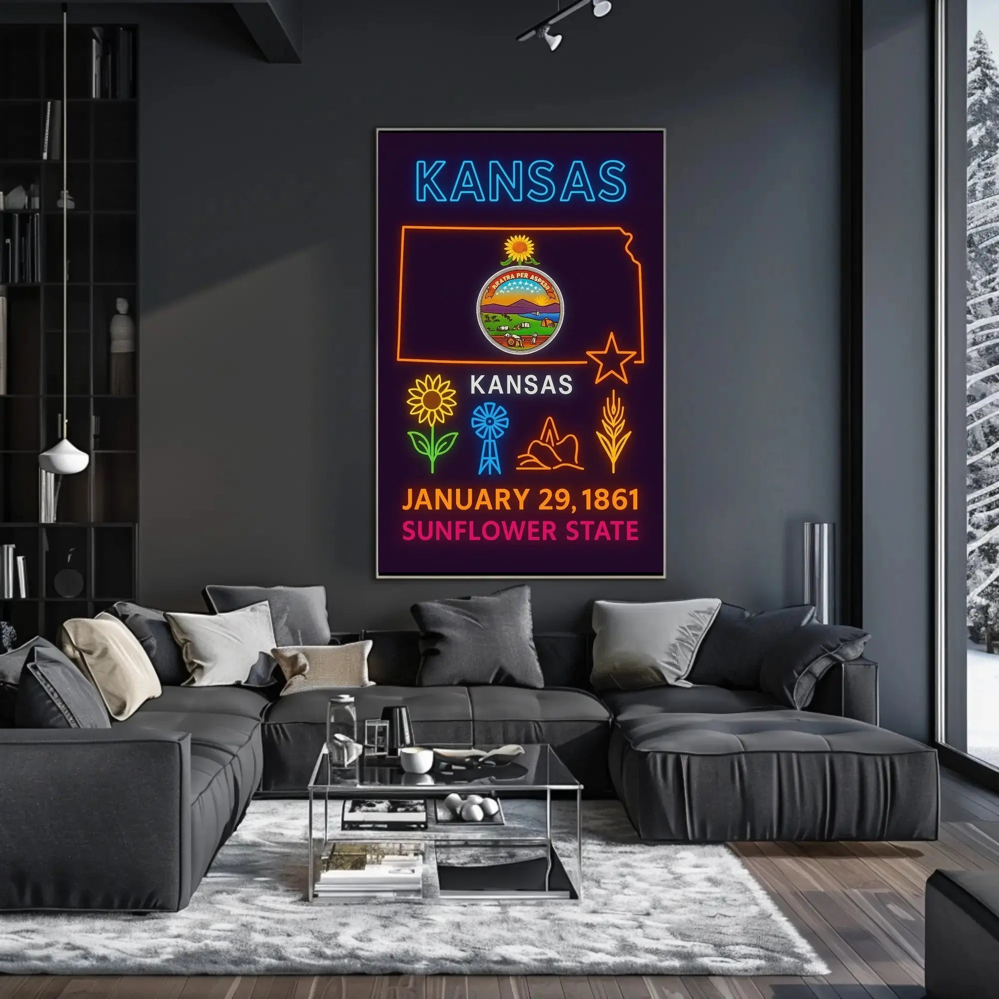 Kansas Sunflower State Celebration Neon Art Heritage Poster PosterGoat