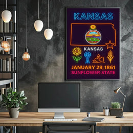 Kansas Sunflower State Celebration Neon Art Heritage Poster PosterGoat