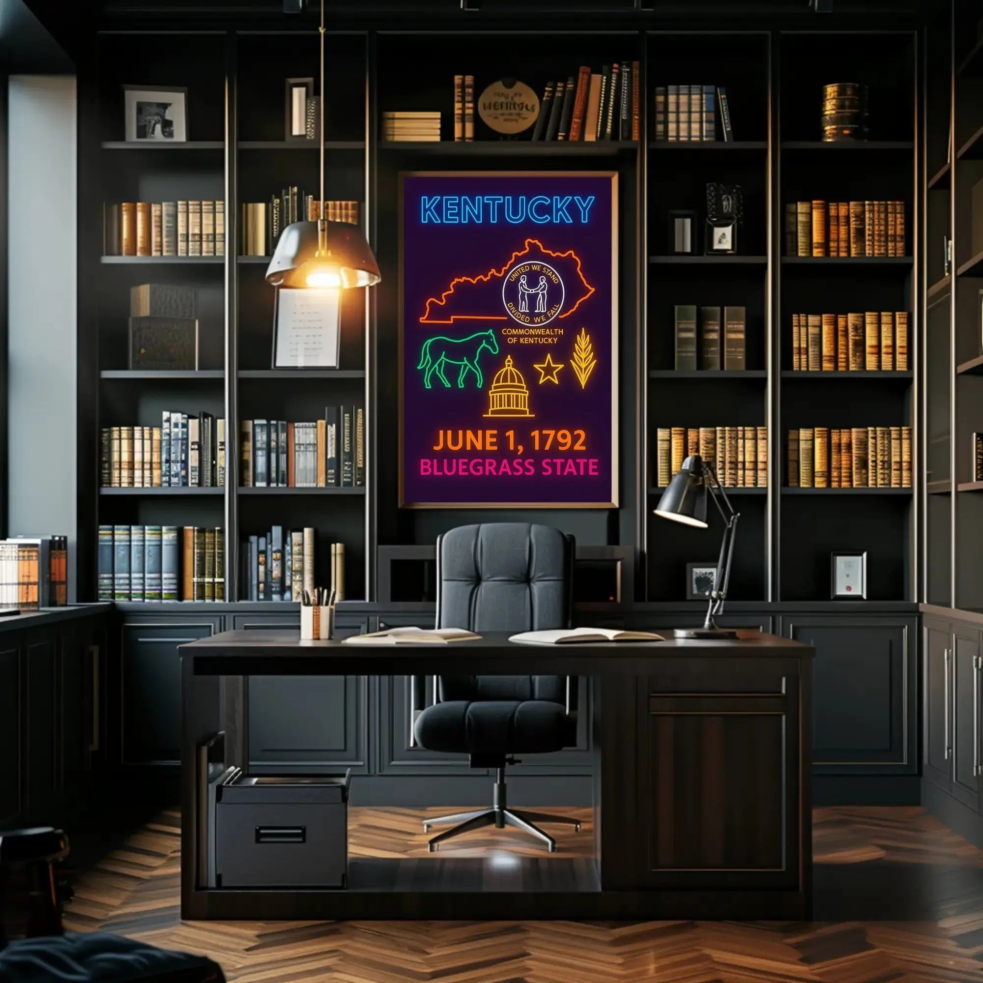 Kentucky Bluegrass State Neon Heritage Poster PosterGoat