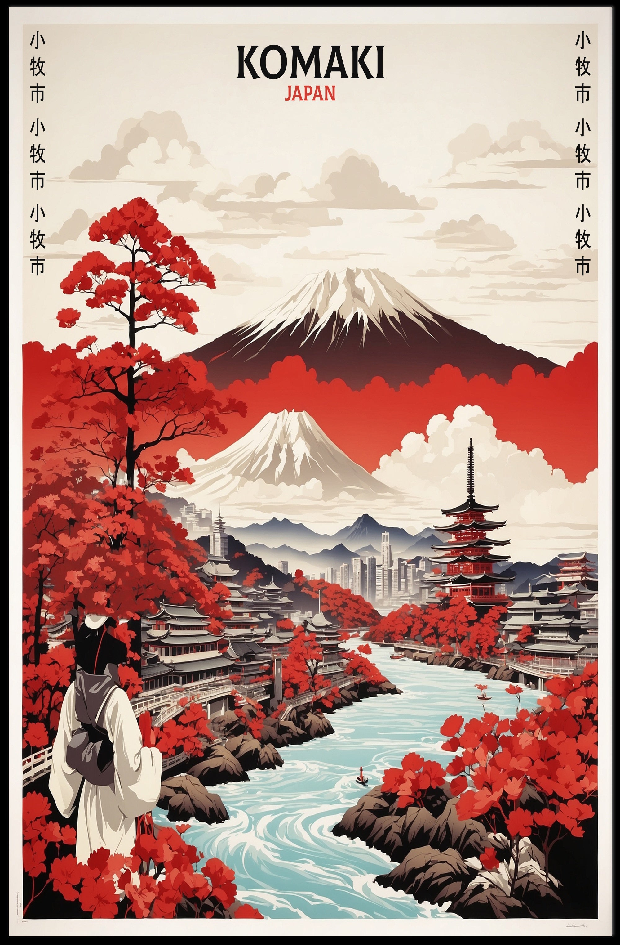 Komaki Japan Cityscape with Mount Fuji Travel Poster PosterGoat