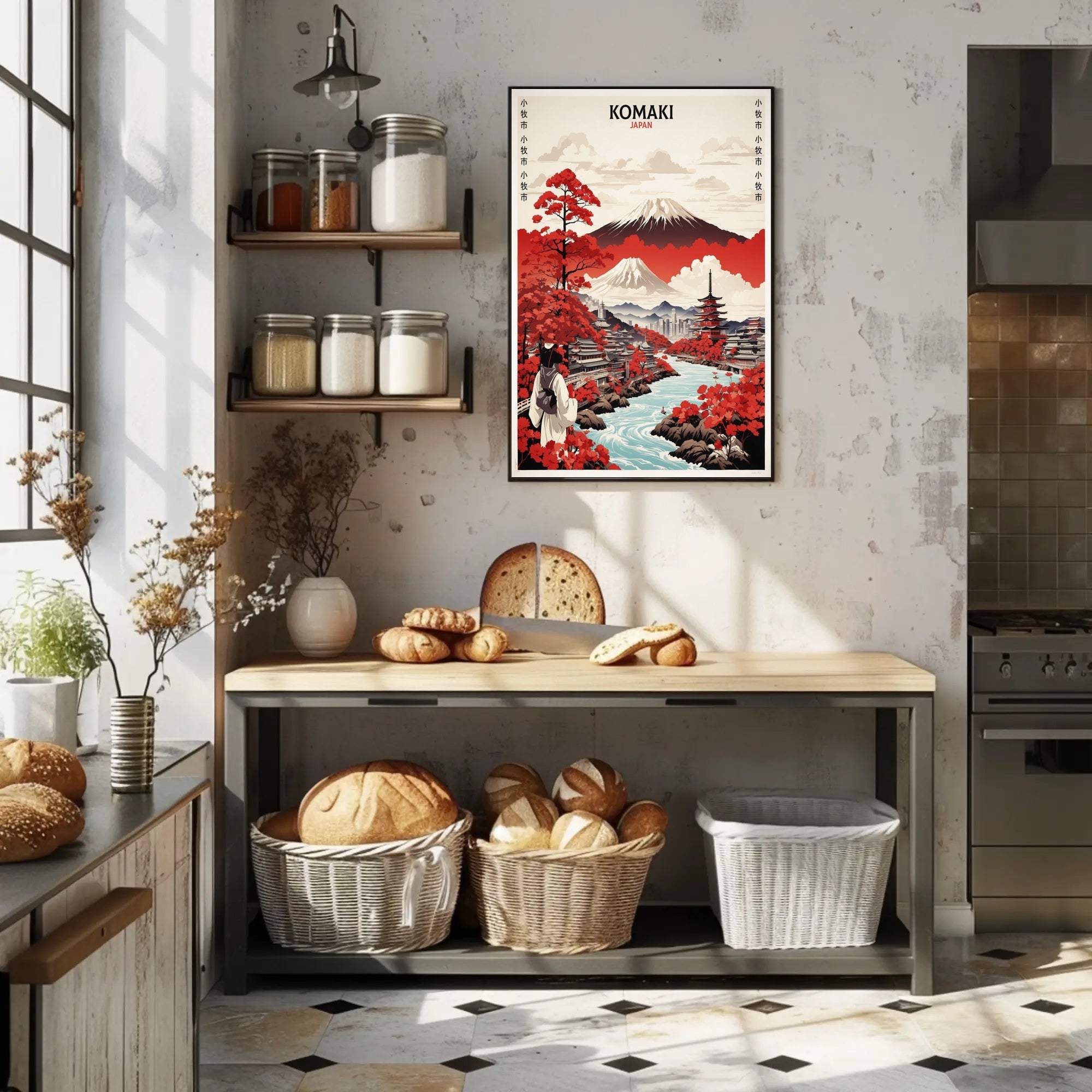 Komaki Japan Cityscape with Mount Fuji Travel Poster PosterGoat