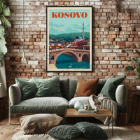 Kosovo Vintage Travel Scene with Mosque and Bridge Travel Poster PosterGoat