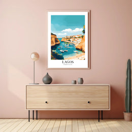 Lagos Coastal Harbor Scene: Modern Travel Poster PosterGoat