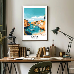 Lagos Coastal Harbor Scene: Modern Travel Poster PosterGoat