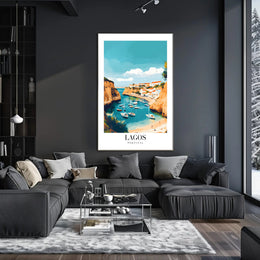 Lagos Coastal Harbor Scene: Modern Travel Poster PosterGoat