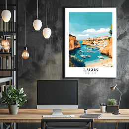Lagos Coastal Harbor Scene: Modern Travel Poster PosterGoat