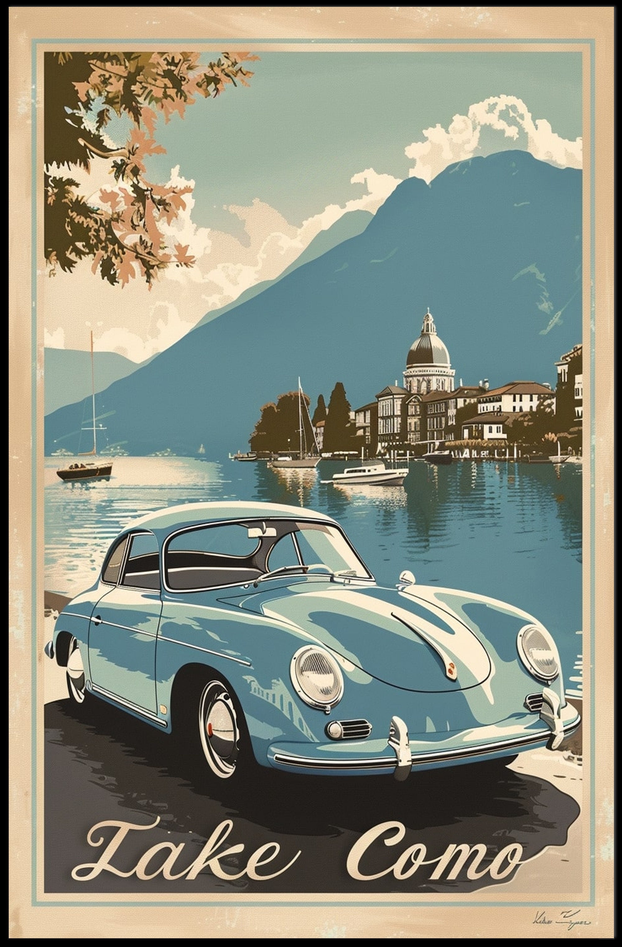 Lake Como Vintage Travel Art with Classic Car Travel Poster PosterGoat