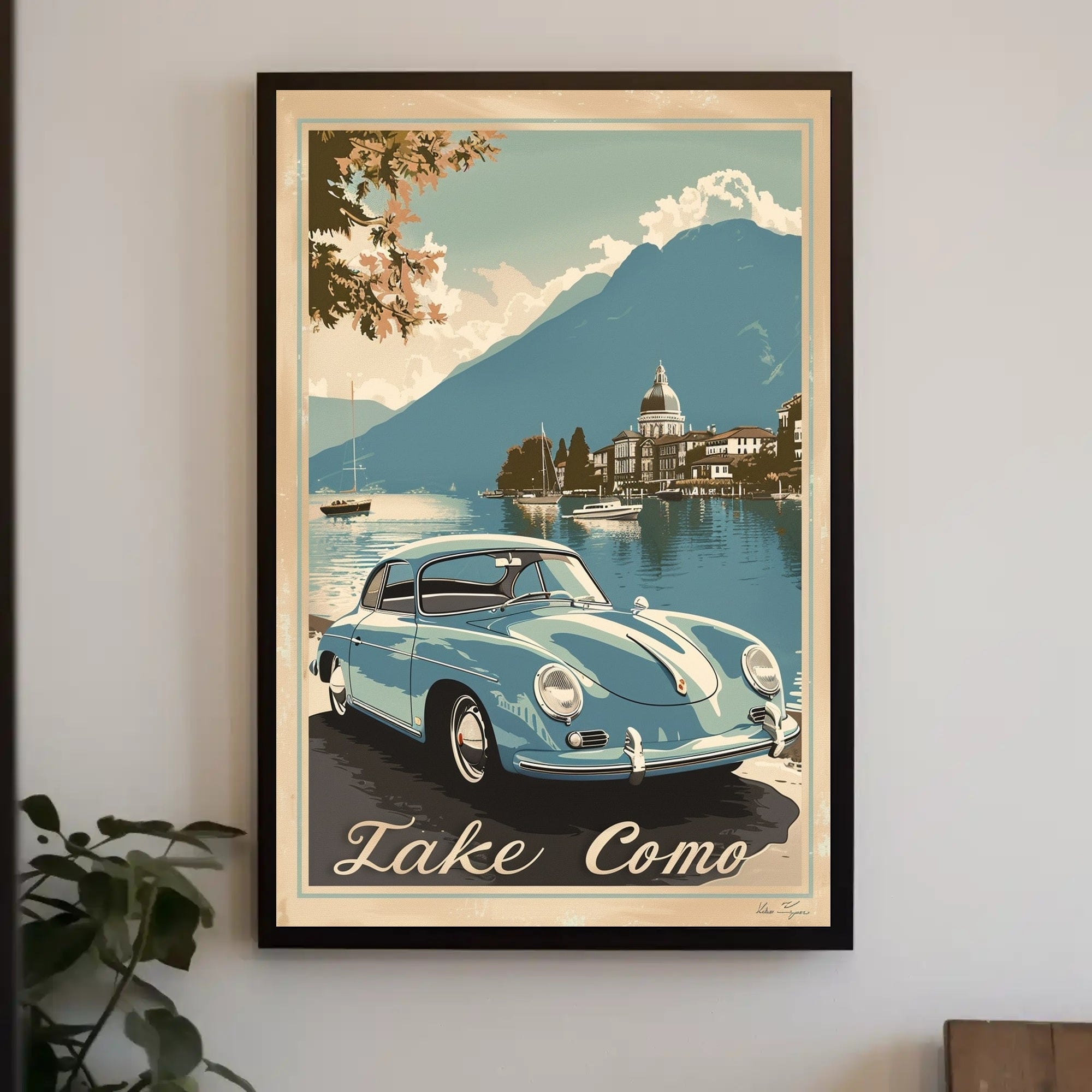 Lake Como Vintage Travel Art with Classic Car Travel Poster PosterGoat