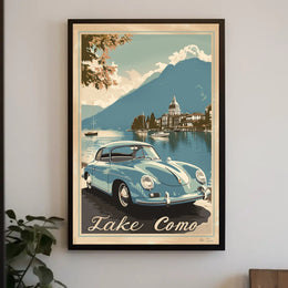 Lake Como Vintage Travel Art with Classic Car Travel Poster PosterGoat