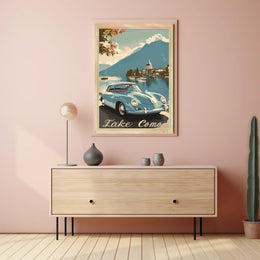 Lake Como Vintage Travel Art with Classic Car Travel Poster PosterGoat