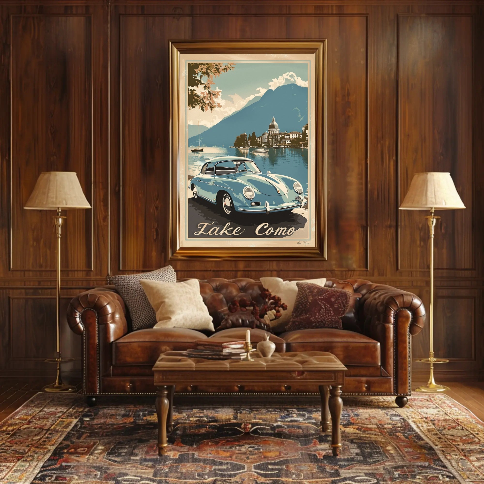 Lake Como Vintage Travel Art with Classic Car Travel Poster PosterGoat