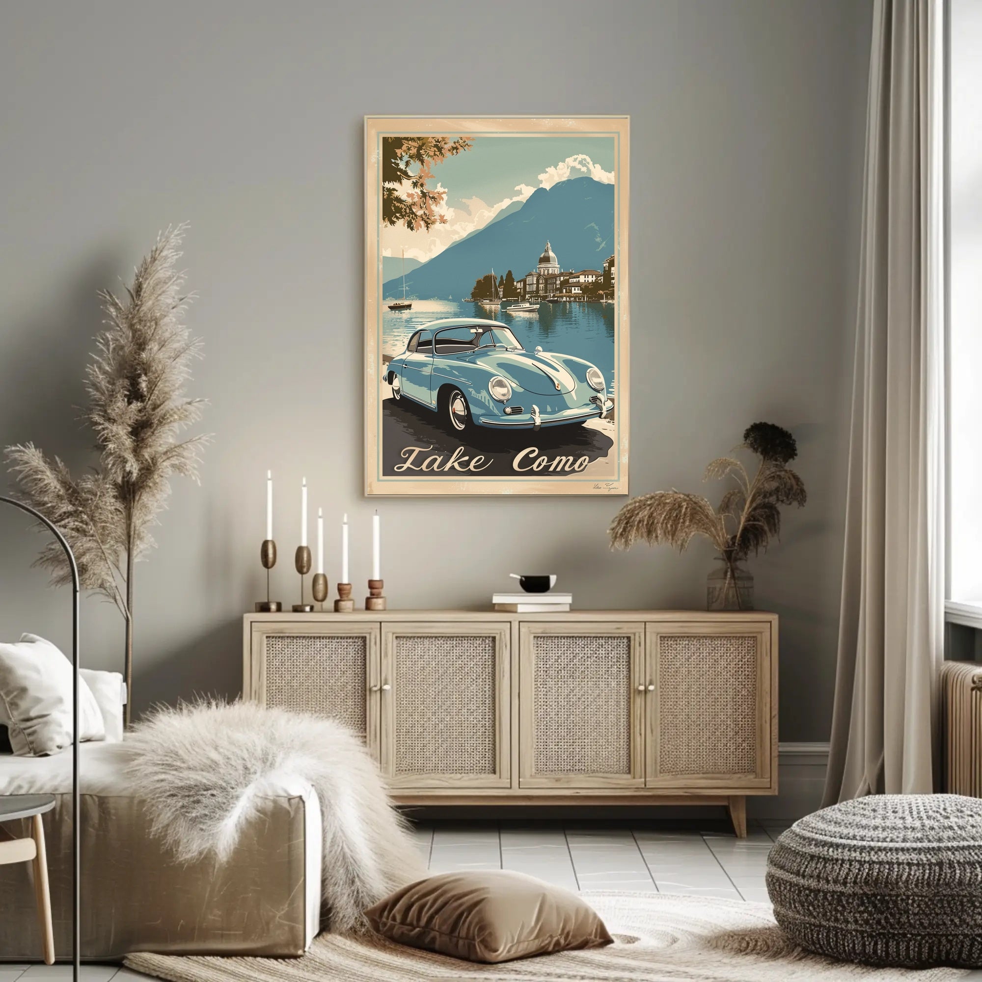 Lake Como Vintage Travel Art with Classic Car Travel Poster PosterGoat