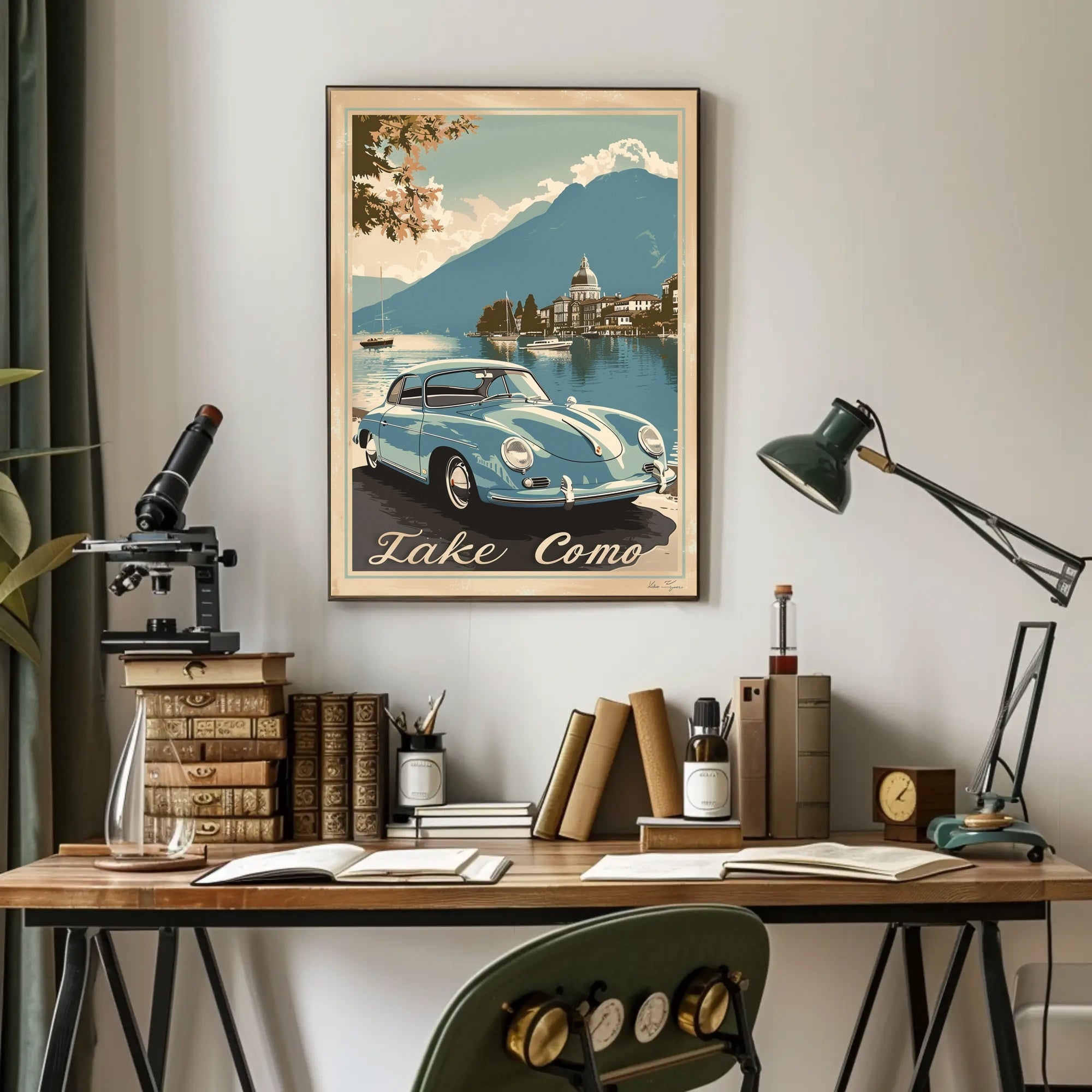 Lake Como Vintage Travel Art with Classic Car Travel Poster PosterGoat