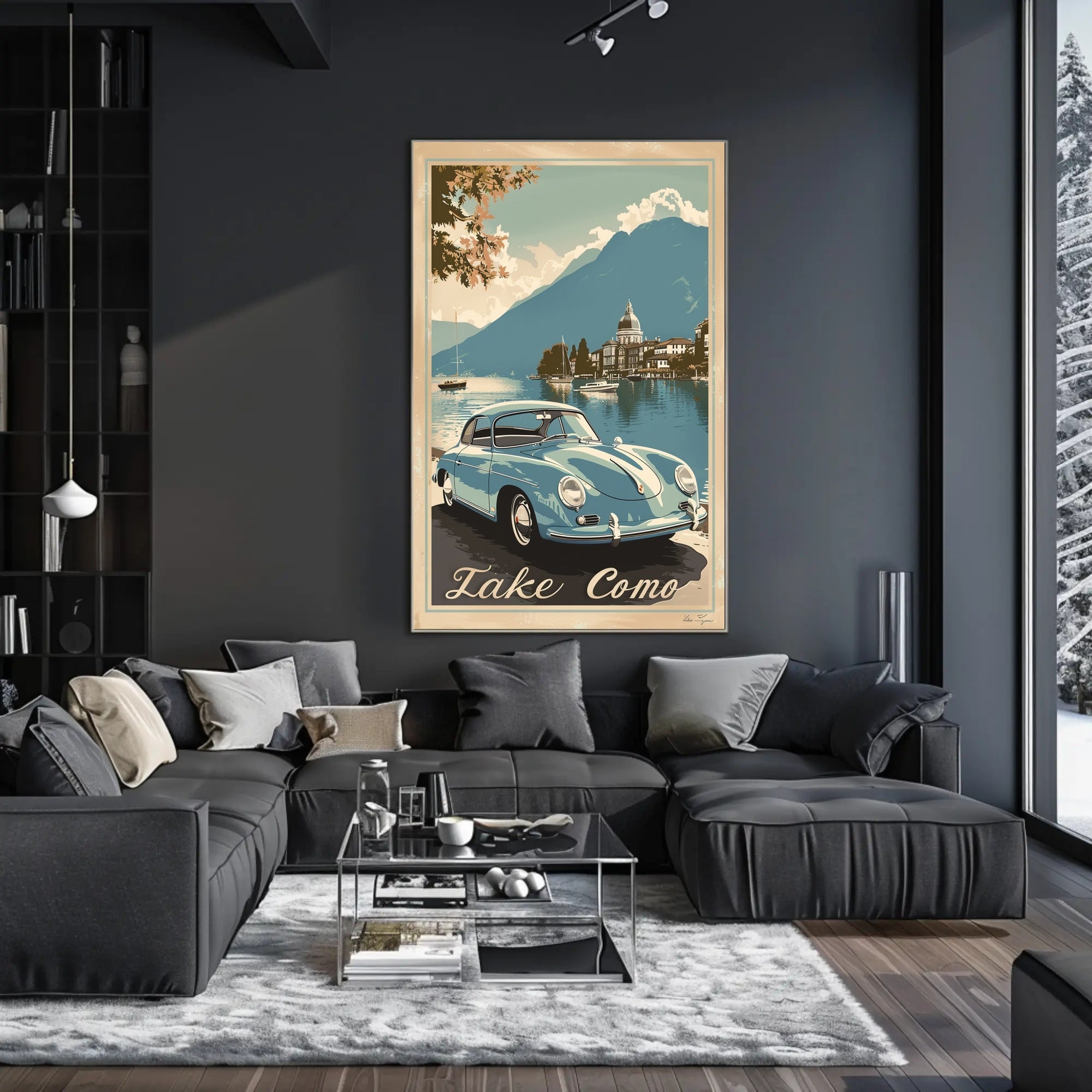 Lake Como Vintage Travel Art with Classic Car Travel Poster PosterGoat