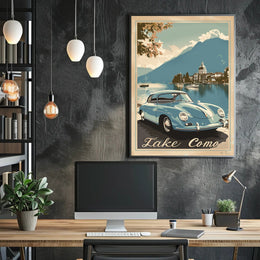 Lake Como Vintage Travel Art with Classic Car Travel Poster PosterGoat
