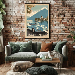Lake Como Vintage Travel Art with Classic Car Travel Poster PosterGoat