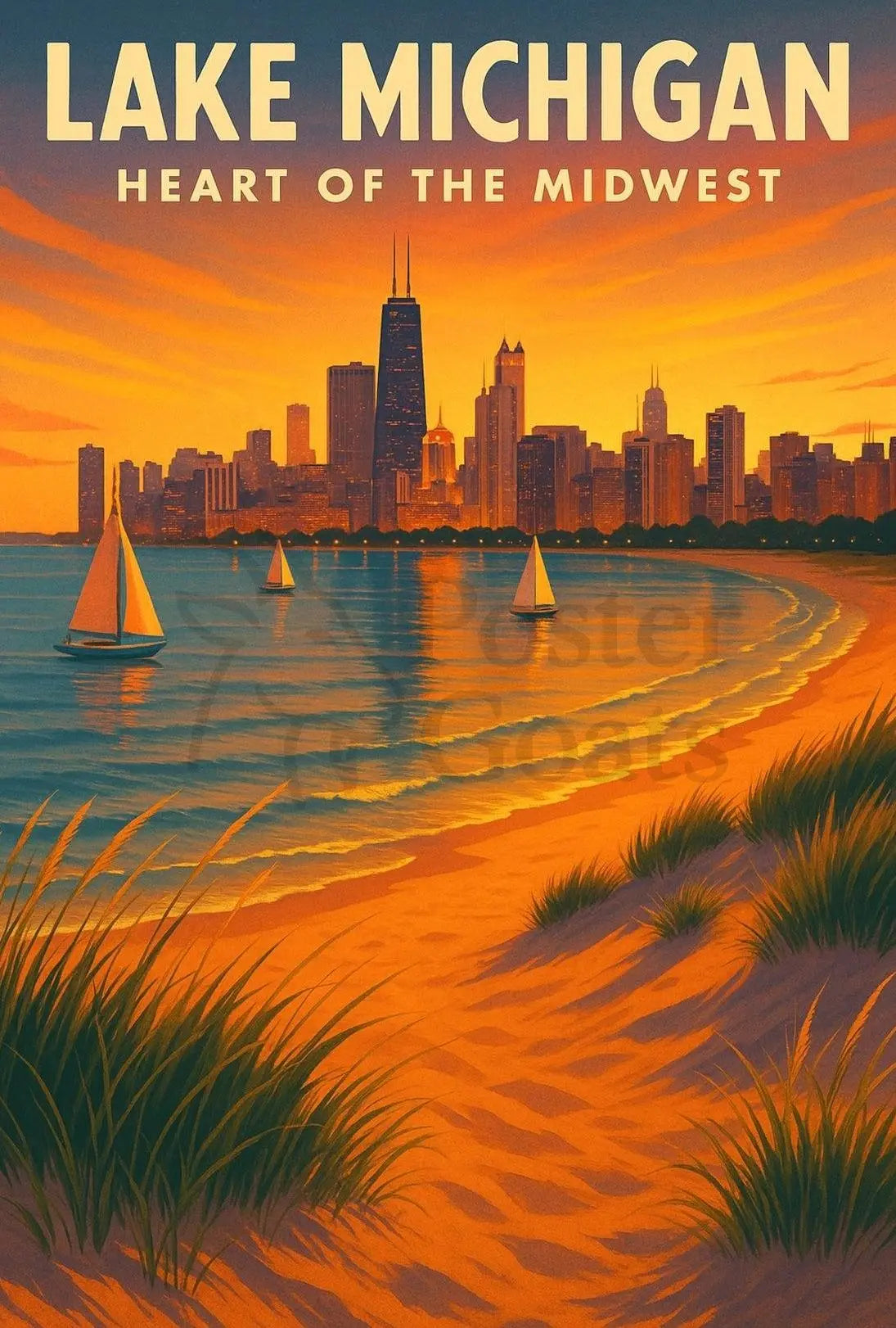 Lake Michigan's Chicago Skyline Vintage Travel Poster PosterGoat