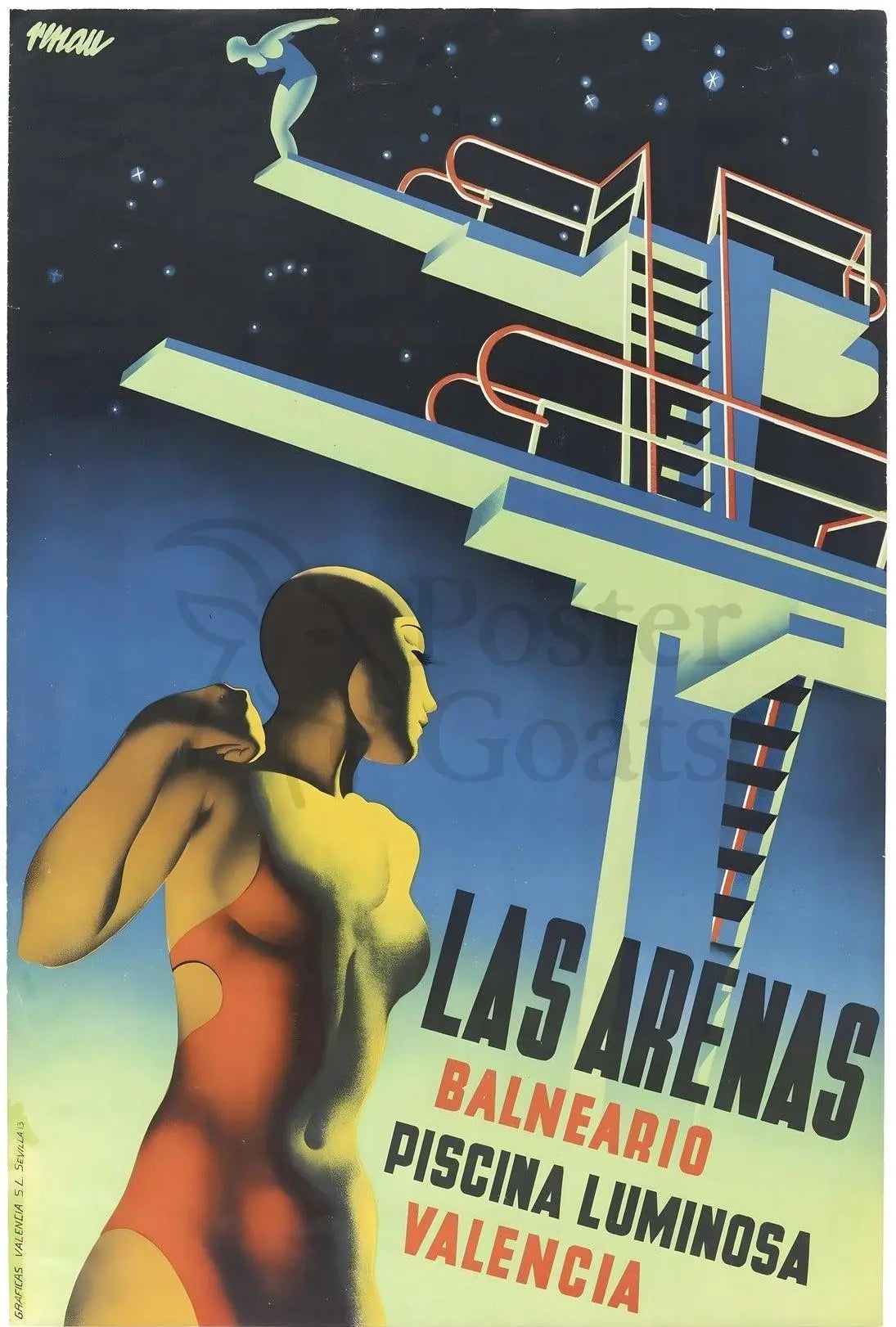 Las Arenas Valencia Art Deco Aquatic Sports Poster PosterGoat