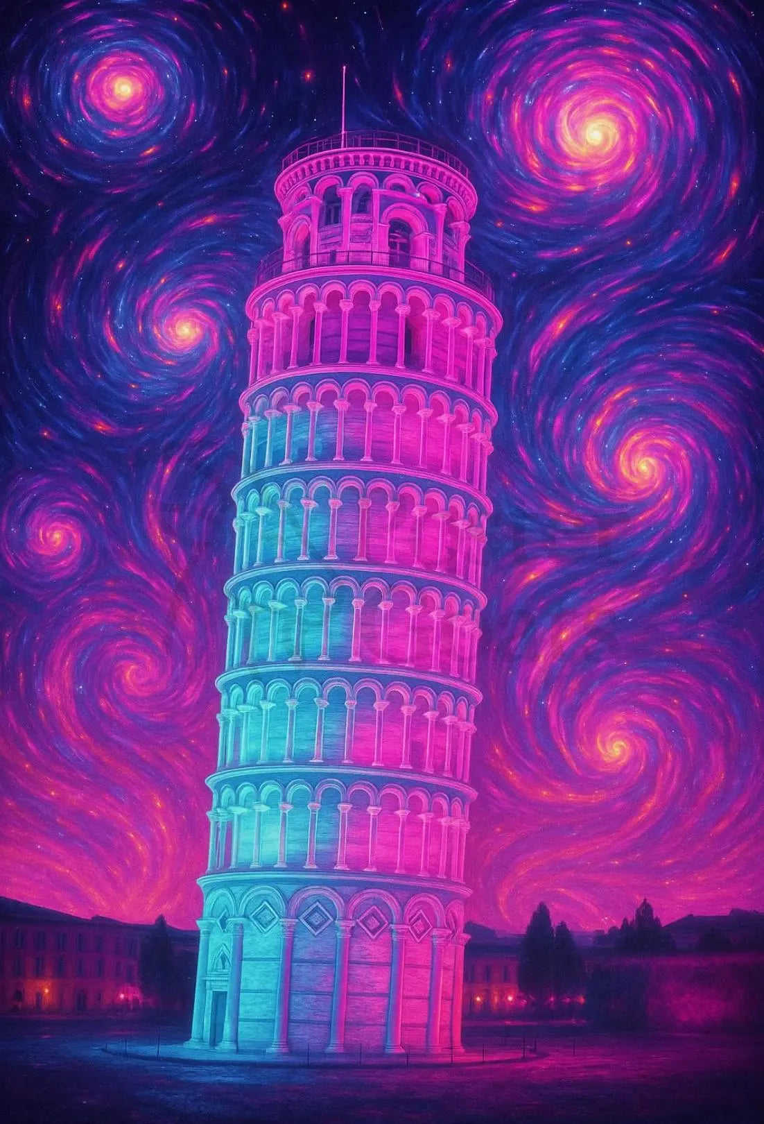 Leaning Tower of Pisa Cosmic Dreamscape Artistic Poster PosterGoat