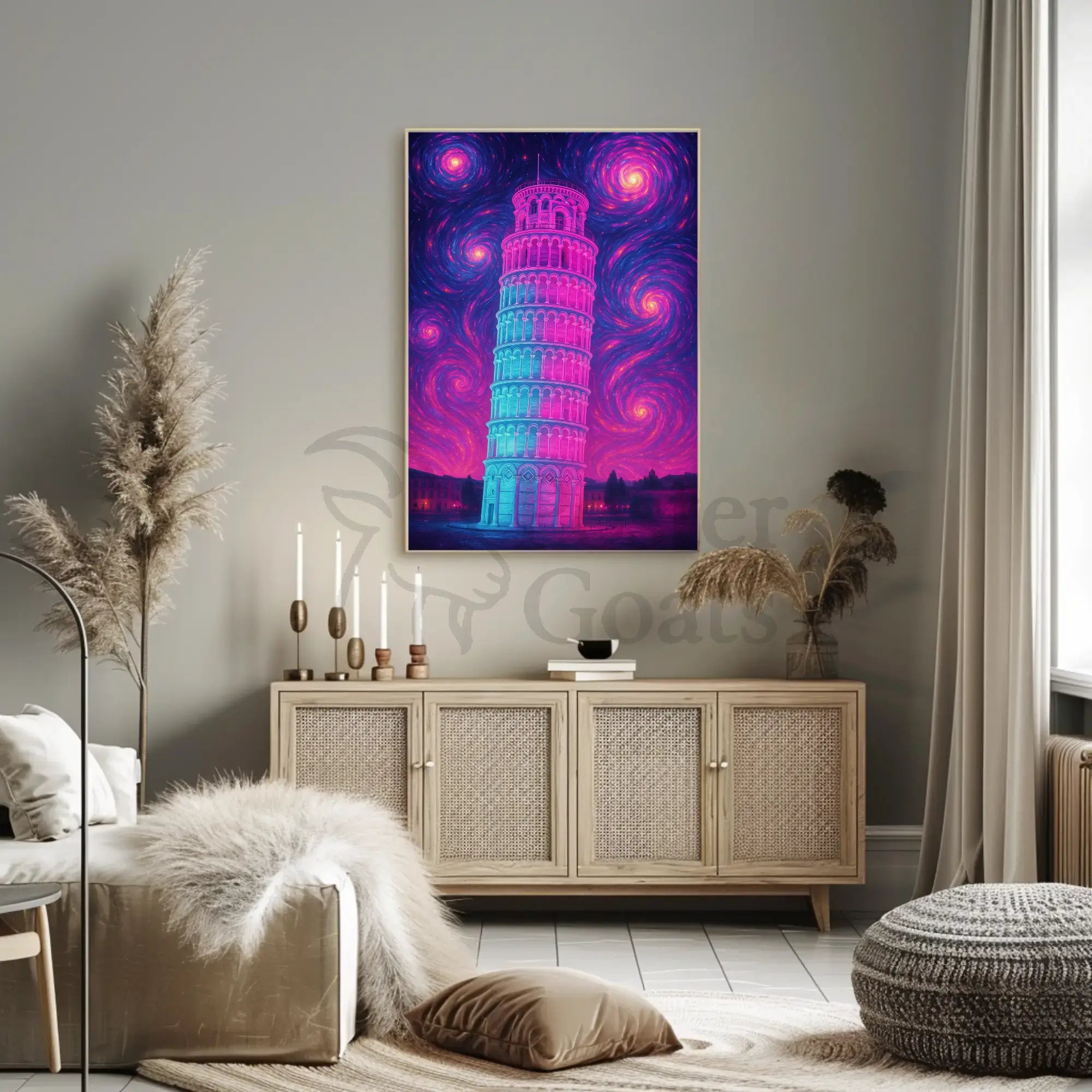 Leaning Tower of Pisa Cosmic Dreamscape Artistic Poster PosterGoat