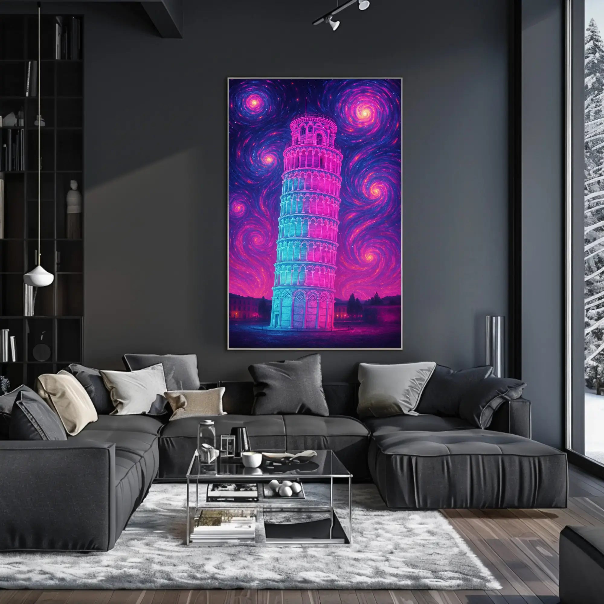 Leaning Tower of Pisa Cosmic Dreamscape Artistic Poster PosterGoat