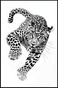 Leaping Leopard Black-and-White Artistic Animal Poster PosterGoat