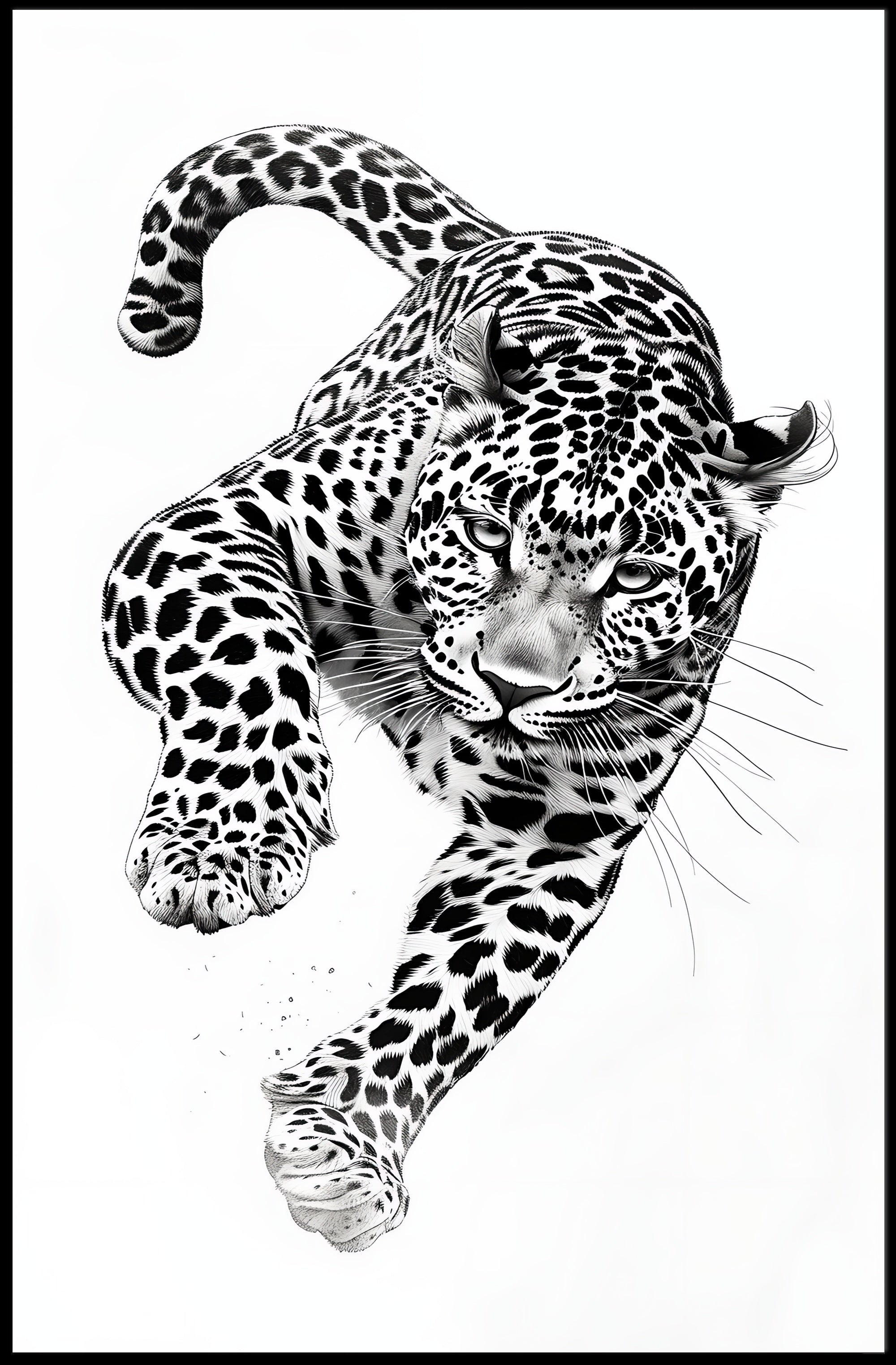 Leaping Leopard Black-and-White Artistic Animal Poster PosterGoat