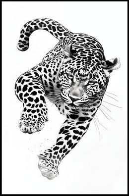 Leaping Leopard Black-and-White Artistic Animal Poster PosterGoat