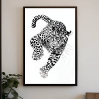 Leaping Leopard Black-and-White Artistic Animal Poster PosterGoat
