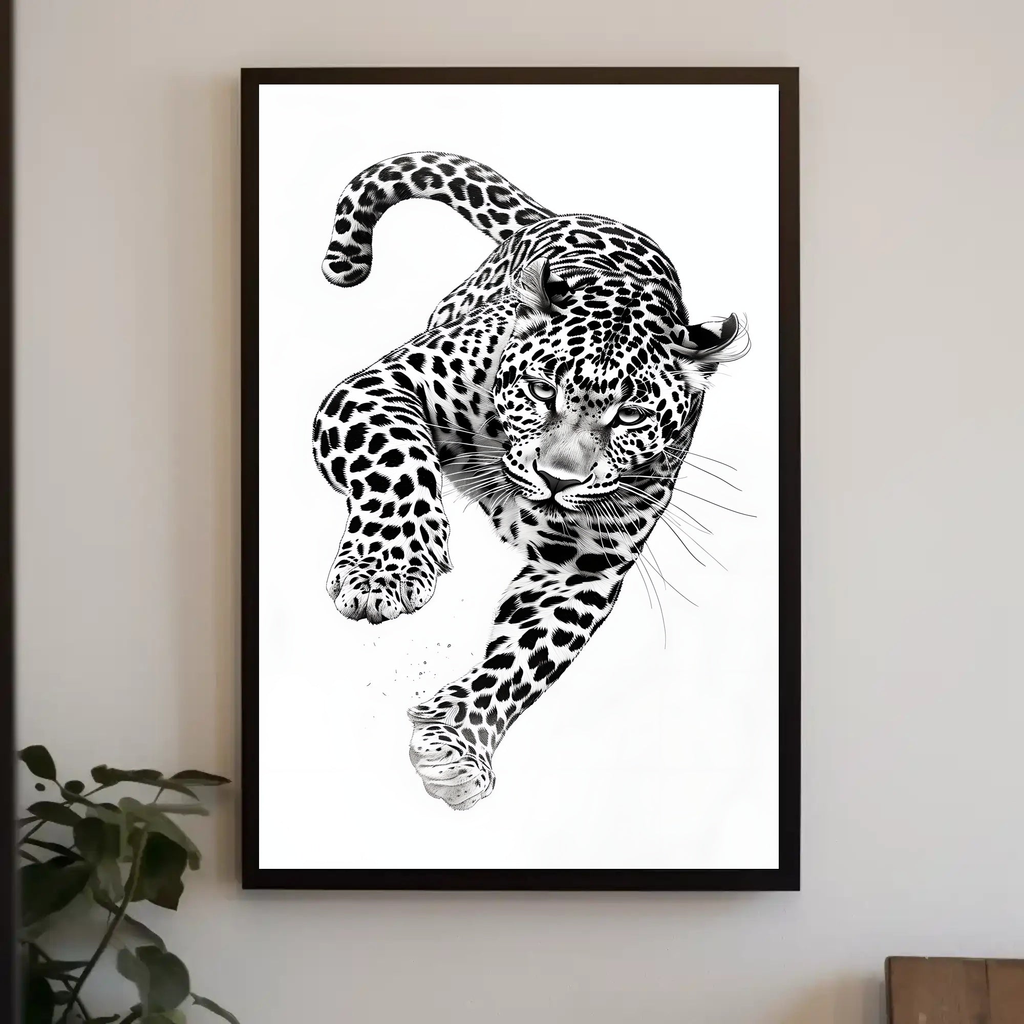 Leaping Leopard Black-and-White Artistic Animal Poster PosterGoat