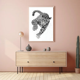 Leaping Leopard Black-and-White Artistic Animal Poster PosterGoat