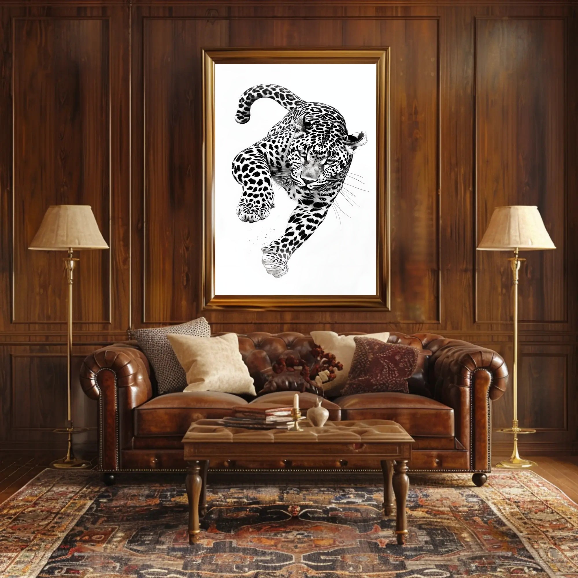 Leaping Leopard Black-and-White Artistic Animal Poster PosterGoat
