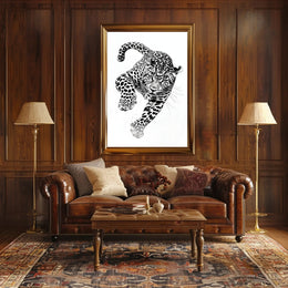 Leaping Leopard Black-and-White Artistic Animal Poster PosterGoat