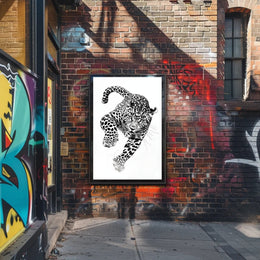 Leaping Leopard Black-and-White Artistic Animal Poster PosterGoat